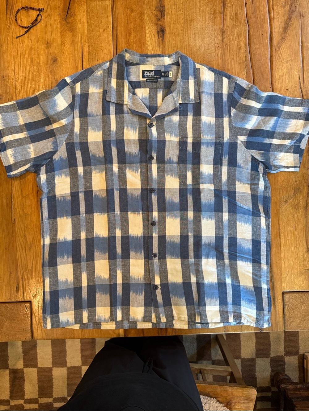 Ralph Lauren Blue and White Plaid Short-Sleeve Linen Shirt
